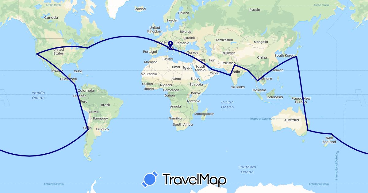 TravelMap itinerary: driving in United Arab Emirates, Australia, Bangladesh, Chile, Costa Rica, India, Italy, Japan, New Zealand, Thailand, United States (Asia, Europe, North America, Oceania, South America)