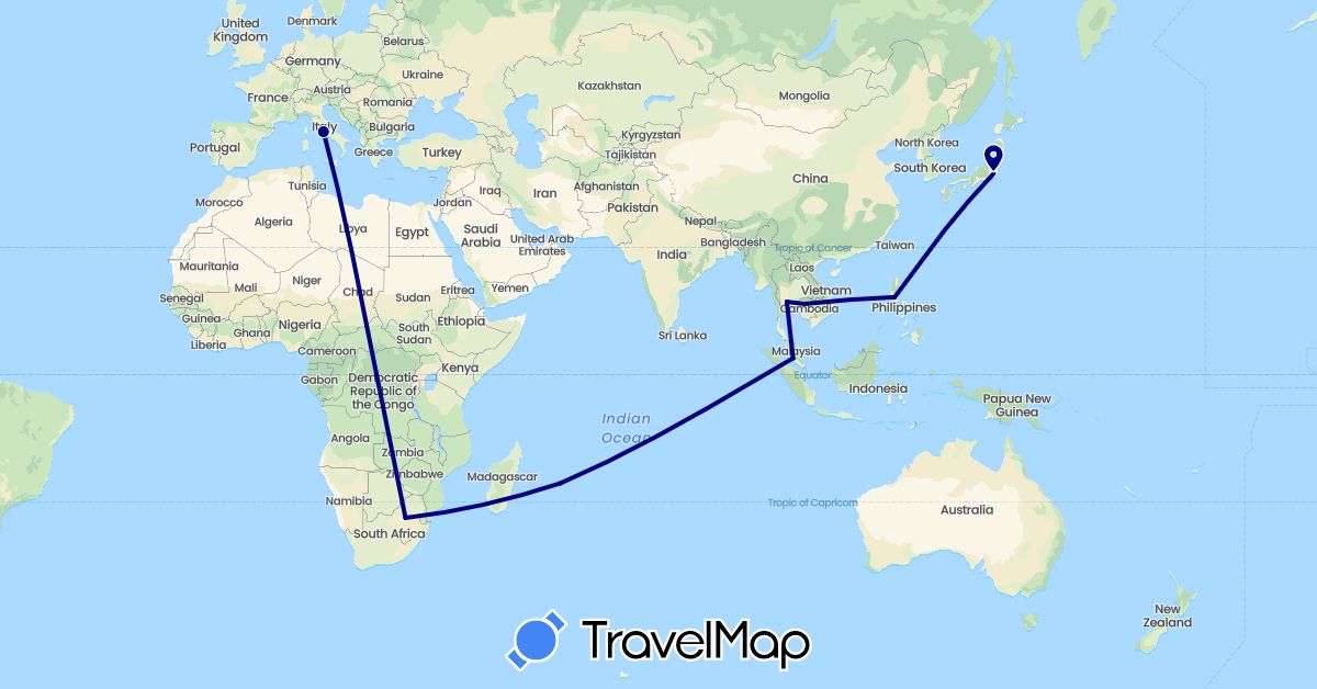 TravelMap itinerary: driving in Italy, Japan, Cambodia, Mauritius, Malaysia, Philippines, Thailand, South Africa (Africa, Asia, Europe)